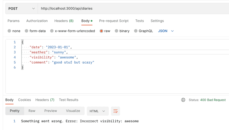 postman showing 400 bad request with incorrect or missing visibility - awesome