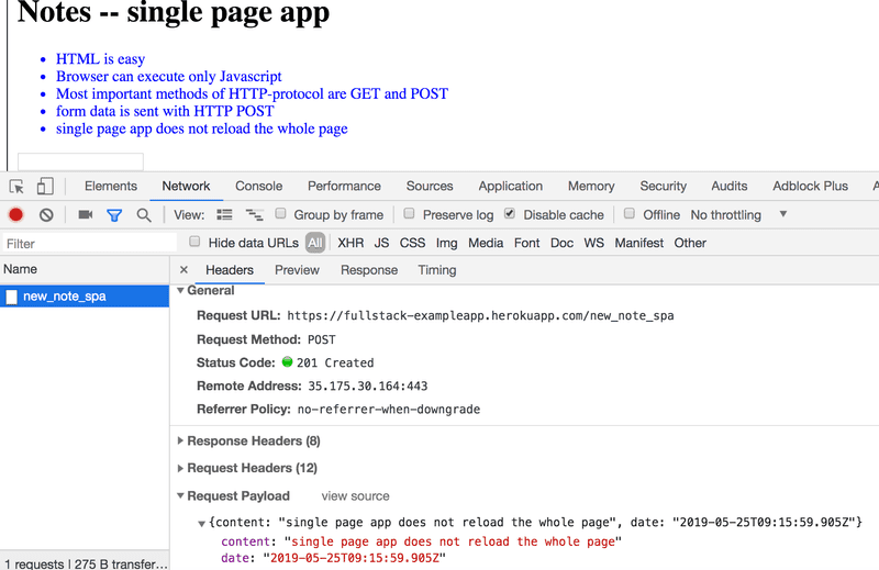 Network tab showing one POST request to new_note_spa