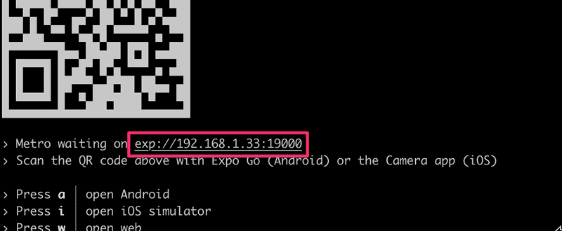 metro console output with highlight over exp://<ip> url