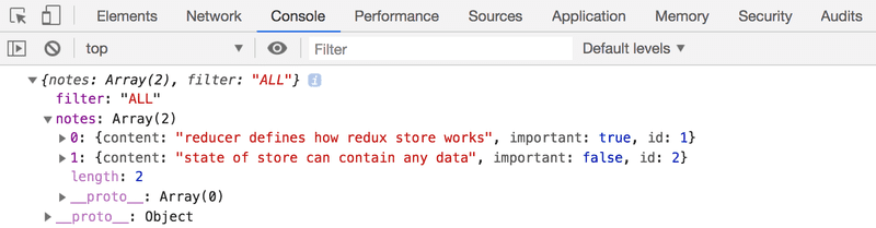 Konsolista selviää että store on olio jolla kentät filter (teksti, arvona "ALL") ja notes (taulukollinen muistiinpanoja).