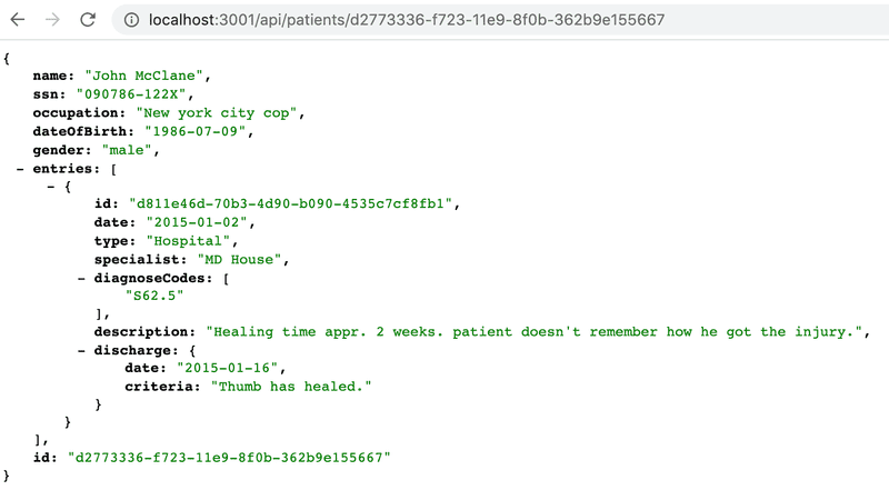 browser showing entries json data properly for patient