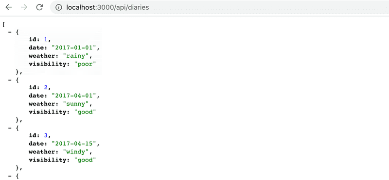 browser api/diaries shows three json objects