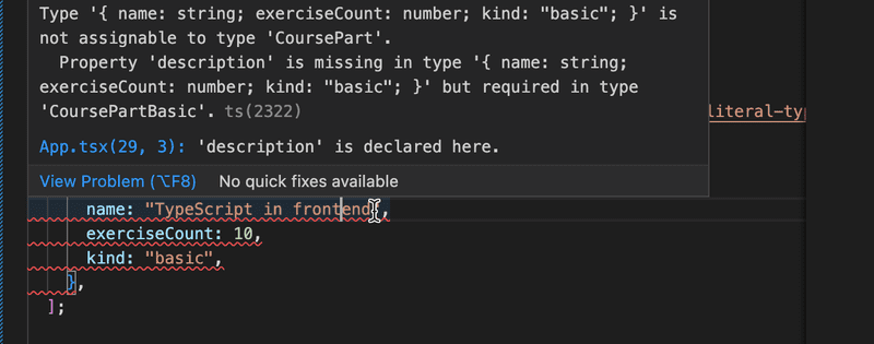 vscode exerciseCount not assignable to type CoursePart - description missing