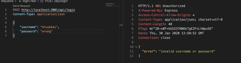 VS coden näkymä kertoo pyynnön epäonnistuneen statuskoodilla 401 Unauthorized. Palvelin myös palauttaa virheilmoituksen (invalid username or password) kertovan objektin