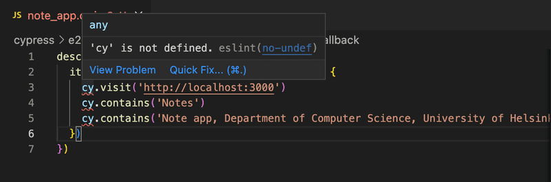 VS code paljastaa ESlint-virheen 'cy' is not defined