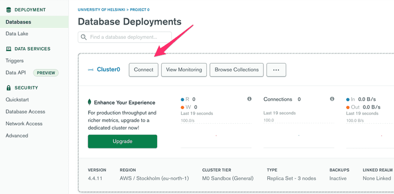 Valitaan Databases-välilehdeltä 'Connect'