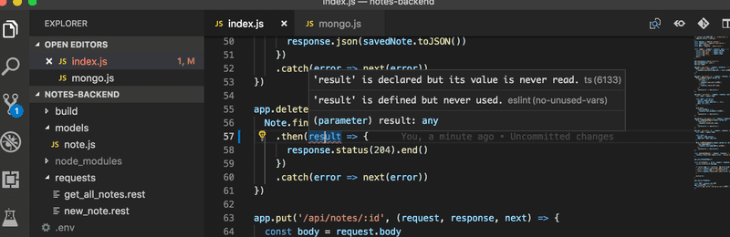 Havainnollistus siitä miten VS code merkkaa rivit, joilla on eslint-tyylirike