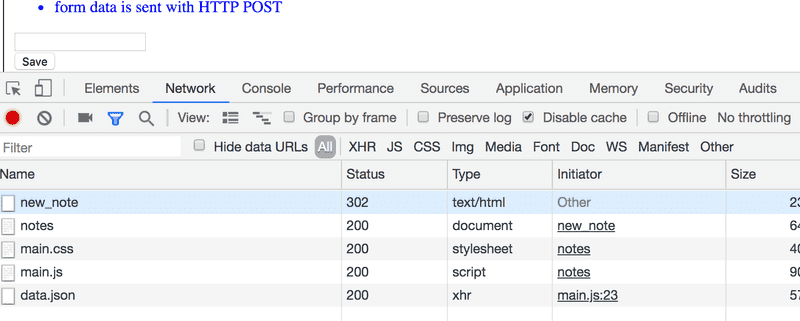 Screenshot of the Network tab where the events for submitting the form are shown