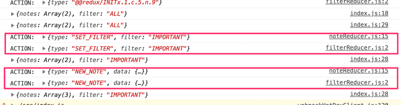 Konsolin tulostus paljastaa että sekä noteReducer että filterReducer käsittelevät jokaisen actionin