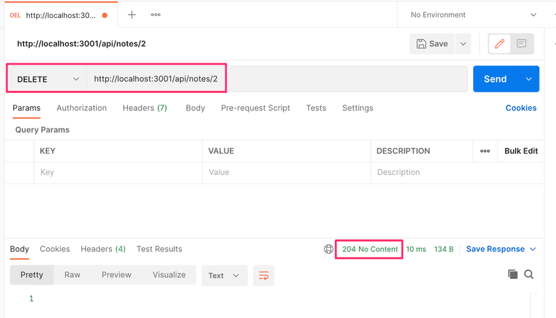 tehdään postmanilla operaatio DELETE http://localhost:3001/api/notes/2, huomataan että vastauksessa statuskoodi 204 no content