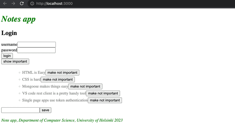 Sovellus koostuu syötekentät username ja password koostuvasta kirjautumislomakkeesta, muistiinpanojen listasta, sekä lomakkeesta joka mahdollistaa uuden muistiinpanon luomisen (ainoastaan yksi syötekenttä muistiinpanon sisällölle). Jokaisen listalla olevan muistiinpanon kohdalla on nappi, jonka avulla muistiinpano voidaan merkata tärkeäksi/epätärkeäksi