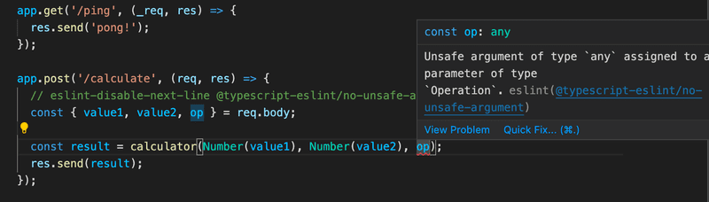 vscode showing unsafe argument of any type assigned to the parameter of type Operation