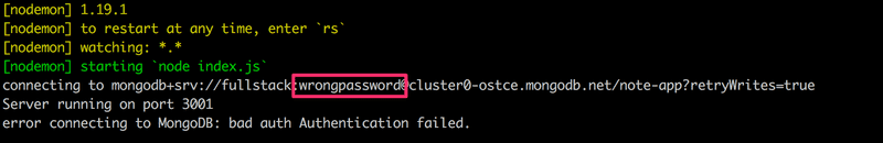 Konsoliin tulostuu virheilmoitus 'error connecting to Mongo, bad auth'