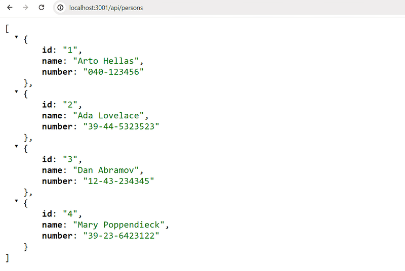 Selain renderöi taulukollisen json-muotoisia objekteja joilla kentät id, name ja number