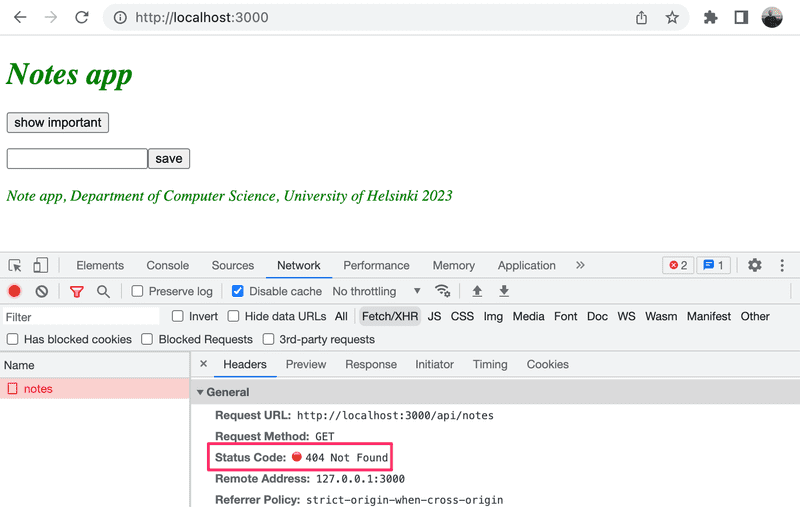 Network-tabi kertoo että pyyntöön localhost:3000/api/notes vastataan statuskoodilla 404