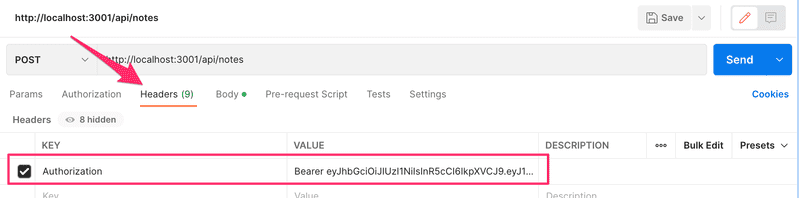 Postmanin näkymä, joka kertoo että POST localhost:3001/api/notes pyyntöön mukaan on liitetty Authorization-headeri jonka arvo on bearer tokeninarvo