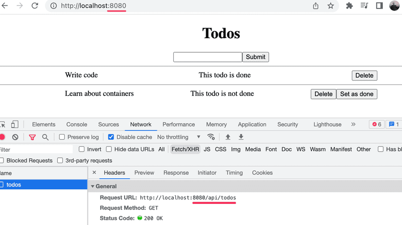 network tab of the browser developer tools showing that the url request includes 8080/api/todos