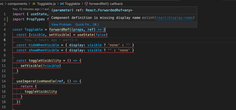 VS codessa näkyy ESLint-varoitus "Component definition is missing display name"