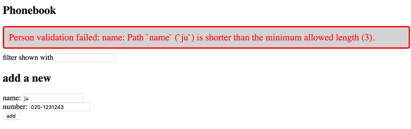 Selain renderöi virheilmoituksen 'Person valiation failed: name...'