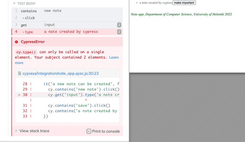 Aiheutuu virhe cy.type() cam only be called on a single element. Your subject contained 2 elements.